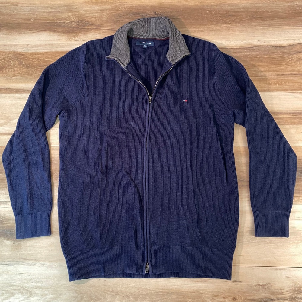 Tommy Hilfiger Mens XXL Full Zip Ribbed Cotton Sweater Navy Blue Mock Neck Logo